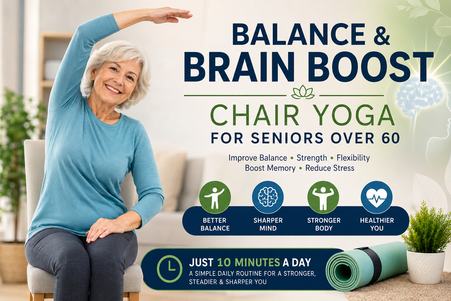 Senior woman doing chair yoga stretch at home to improve balance, flexibility, and brain health for people over 60