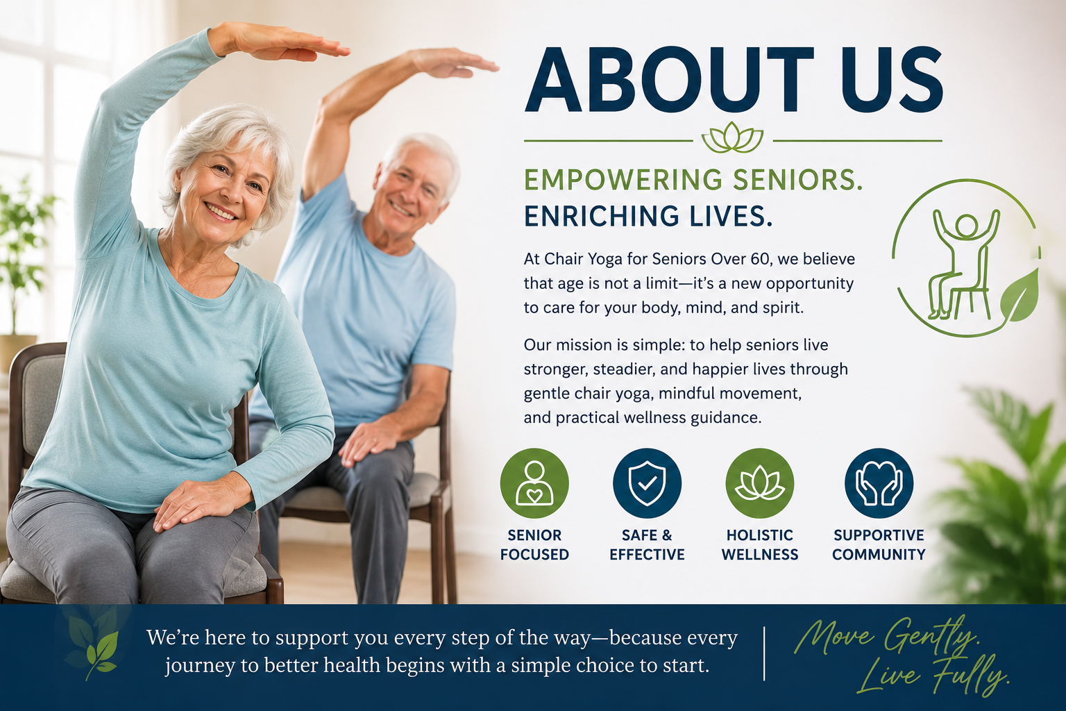 Happy senior couple doing chair yoga indoors to improve balance, flexibility, and overall wellness for seniors over 60